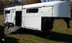 4 Horse trailer for sale, goose neck head to head.
Safted in May 2011.
Tires in excellent condition.
New wiring this summer.
Hay rack on top of trailer with ladder.
Removable upright pole for hard to load horses or to stall a mare on foal.
Working man