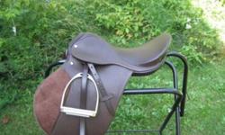 Nearly new (used twice) all purpose english saddle. Havana brown with suede knee rolls. Smaller seat size, works well for ponies or smaller riders. Leathers and irons included. Reason for selling: I switched to dressage. $120 or best offer.