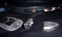 Montana Silversmith silver plate men's buckle set $35
 black belt men's size 40 never worn    $15
