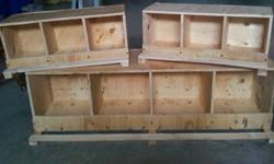3 hole bantam chicken/pigeon size laying boxes 2ft long, each hole 8in by 8in. $15 each
4 hole standard chicken size laying boxes 4ft long, each hole 12in by 12in. $25 each
2 hole standard chicken size laying boxes 2ft long, each hole 12in by 12in. $15