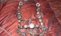 Full size Dark oil with silver conchos show halter, absolutely beautiful! , fully adjustable for that custom fitted look.  A nice Xmas gift!!
Comes with matching lead with silver conchos,  but leather on lead looks as if it were chewed, the chain and