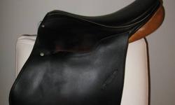 17.5" dark brown close contact saddle by Don Rodrigo for Stubben.  In great shape, comes with stirrup irons and leathers and a carrying case.  Was recently reflocked.  Fit my narrow backed, high withered warmblood and many other horses very well.