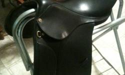 16" Dressage Saddle.
Has been lightly used, but has been sitting for a year in a tack box gathering dust.
Has a medium width tree, comes with leathers, a plain black full size bridle & Verudus Pro Classic fetlock boots that have never been used.
Boots