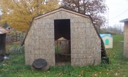 10x10, built this spring, we used it for two pigs (but it is very clean, i had stall mats protecting the floor, and they had a large pen outside, it doesent stink, lol )  Very strong floor, Partially finished, Open end to frame a door that suits your