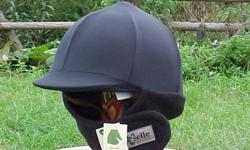 Black lycra helmet cover with warm fleece neck wrap keeps  head, ears, and neck warm while riding.  Helmet cover stretches to fit most sizes of equestrian helmets with a visor .  Velcro on the neck flap adjusts for proper fit for kids and adults, keeping