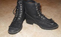 Used for one show (western pleasure).
Lace Up Childrens riding boots size 3.
Paid $80, worn once, then grew out of them.
The fringe at the bottom of the laces makes them a great choice for showing Western; and is removeable, making great English paddock